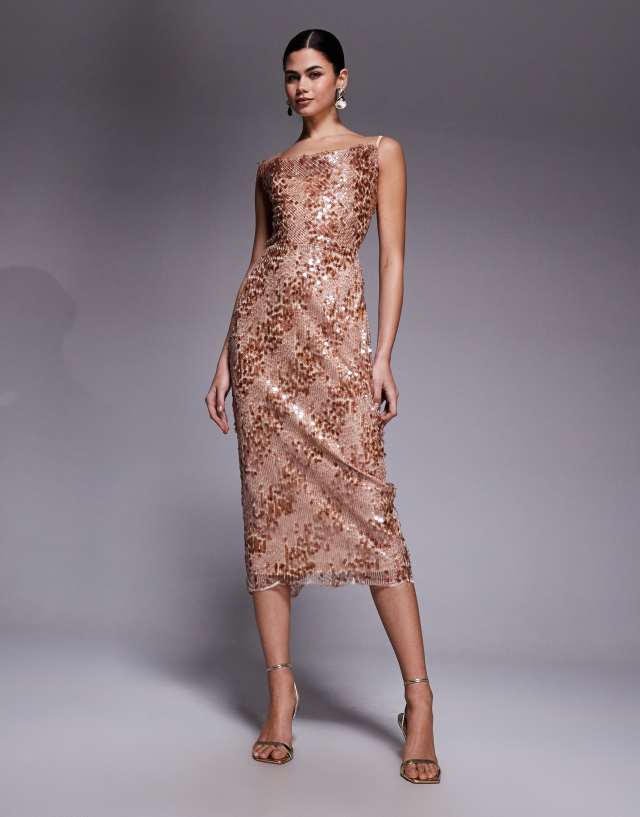 TFNC sequin midaxi dress with scalloped hem in rose gold