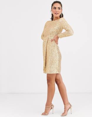 tfnc high neck sequin midi dress in gold