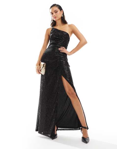 TFNC sequin one shoulder maxi dress in black - view 1