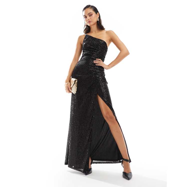 TFNC sequin one shoulder maxi dress in black ASOS