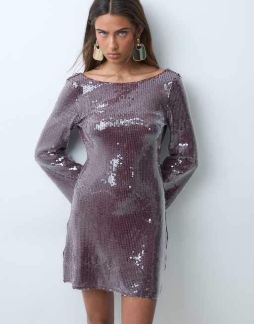 TFNC sequin slash neck fluted sleeve low scoop back mini dress in burgundy, 5 of 5