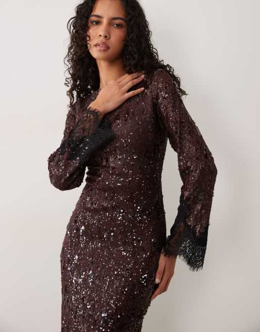 TFNC sequin slash neck maxi dress in chocolate, 2 of 4
