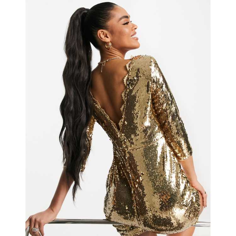 TFNC sequin three-quarter sleeve mini dress in gold | ASOS