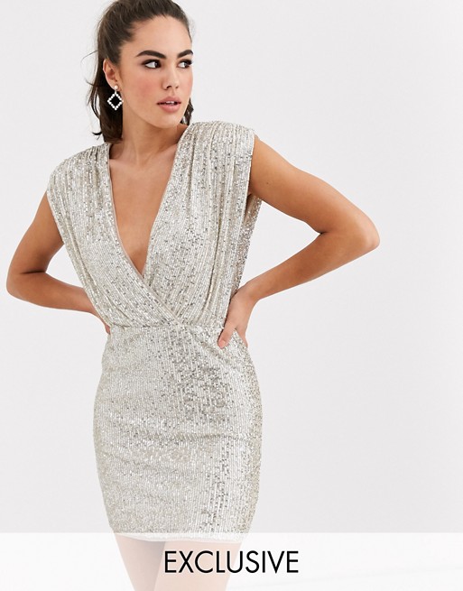 TFNC sequin wrap front mini dress in silver