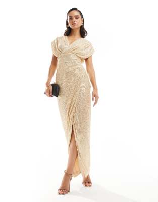 sequin wrap maxi dress in gold