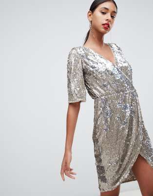 gold sequin wrap dress