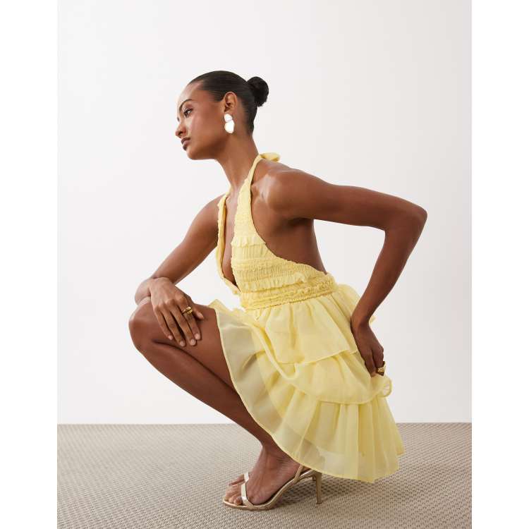 TFNC shirred chiffon halter neck ruffle trim mini dress in butter yellow |  ASOS