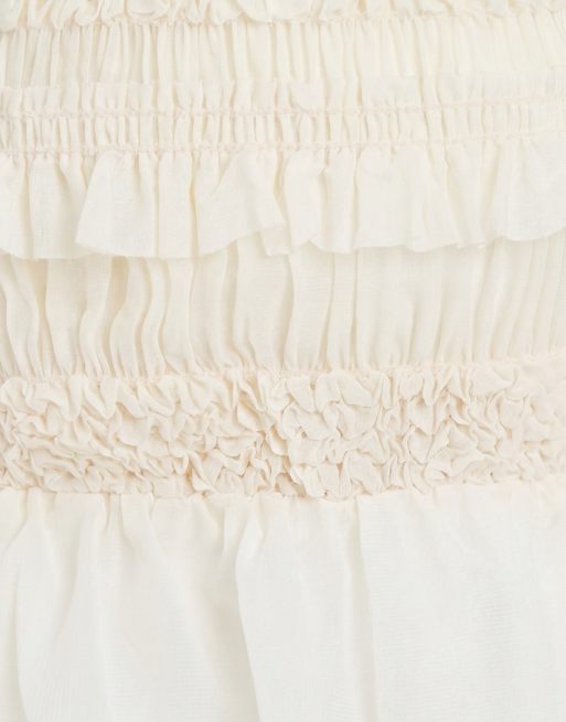 TFNC shirred chiffon off shoulder ruffle crop top co-ord in cream, 7 of 8