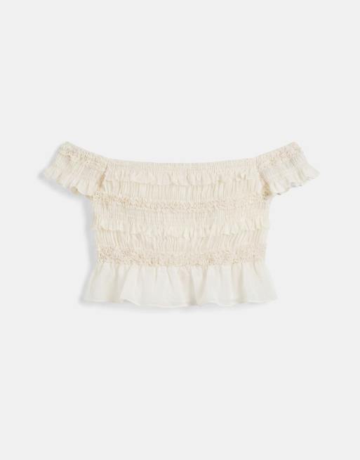 TFNC shirred chiffon off shoulder ruffle crop top in cream, part of a set, 5 of 8