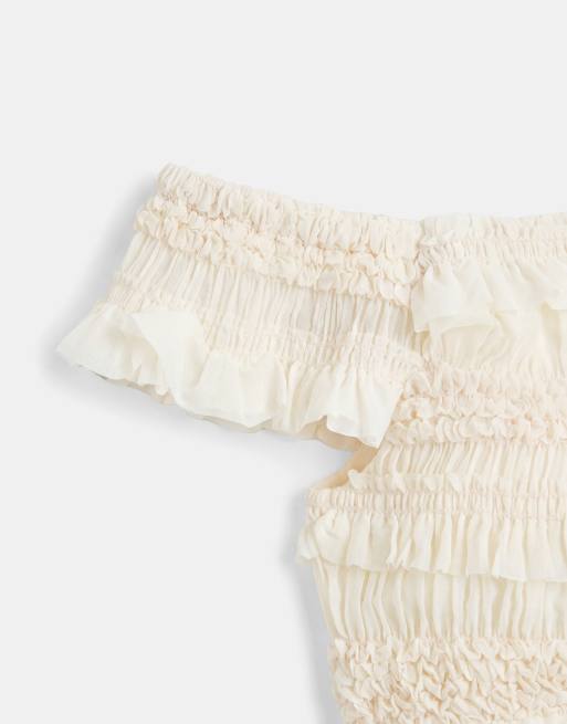 TFNC shirred chiffon off shoulder ruffle crop top in cream, part of a set, 8 of 8