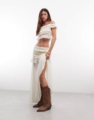 TFNC shirred chiffon ruffle sheer maxi skirt co-ord in cream