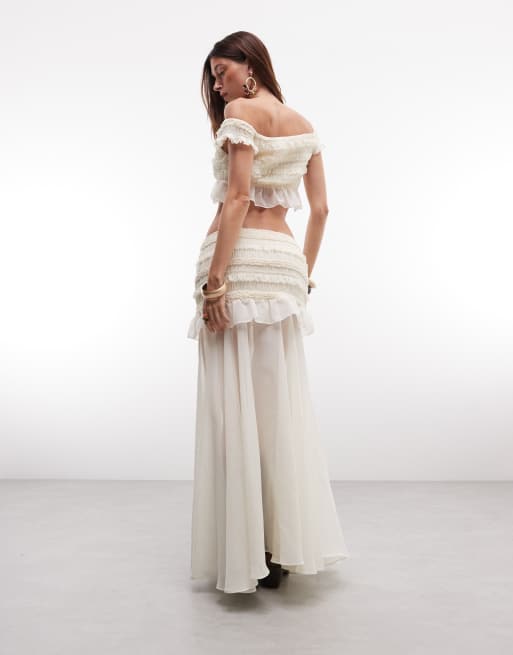 TFNC shirred chiffon ruffle sheer maxi skirt in cream (part of a set), 4 of 9