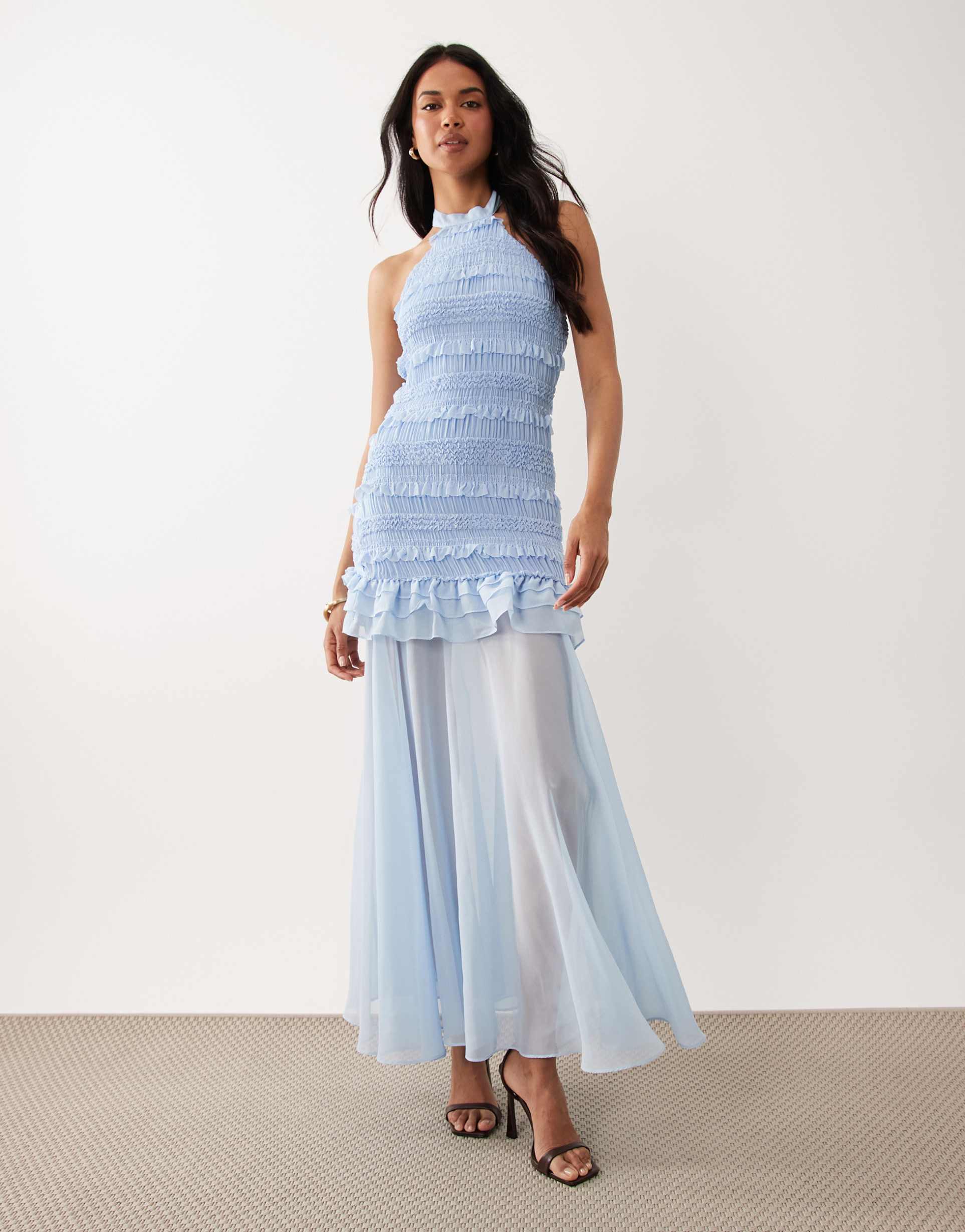 tfnc shirred chiffon ruffle sheer skirt maxi dress in blue