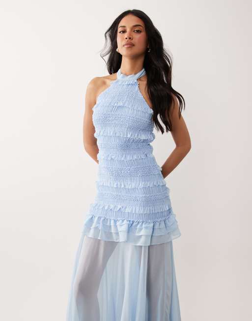 TFNC shirred chiffon ruffle sheer skirt maxi dress in blue, 4 of 4