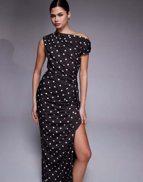 TFNC slinky asymmetric shoulder thigh split maxi dress in chocolate polka dot