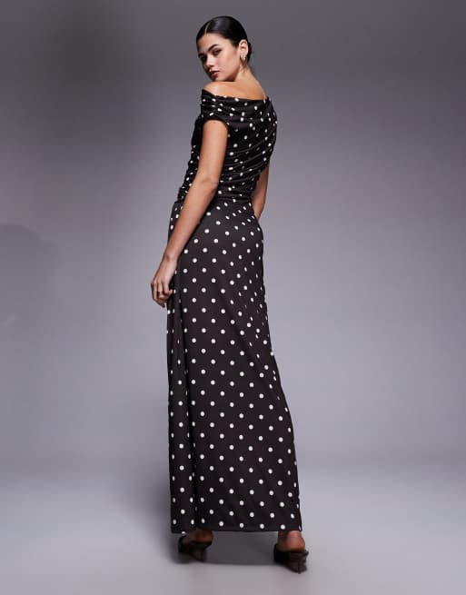 TFNC slinky asymmetric shoulder thigh split maxi dress in chocolate polka dot, 2 of 4