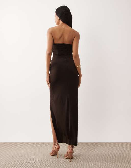 TFNC slinky bandeau lace split detail maxi dress in chocolate | ASOS