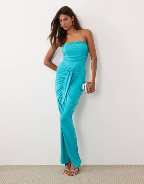 TFNC slinky bandeau ruched front split maxi dress in cerulean blue