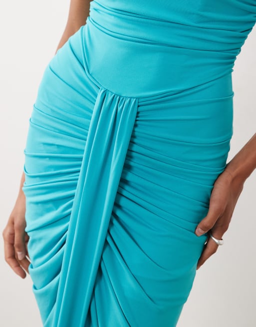 TFNC slinky bandeau ruched front split maxi dress in cerulean blue, 3 of 4