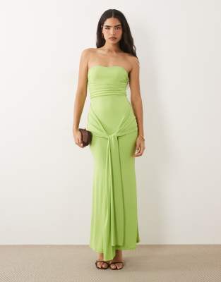 Tfnc Slinky Bandeau Ruched Knot Front Maxi Dress In Green