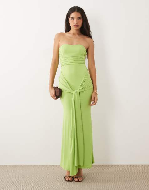 TFNC slinky bandeau ruched knot front maxi dress in lime - view 1