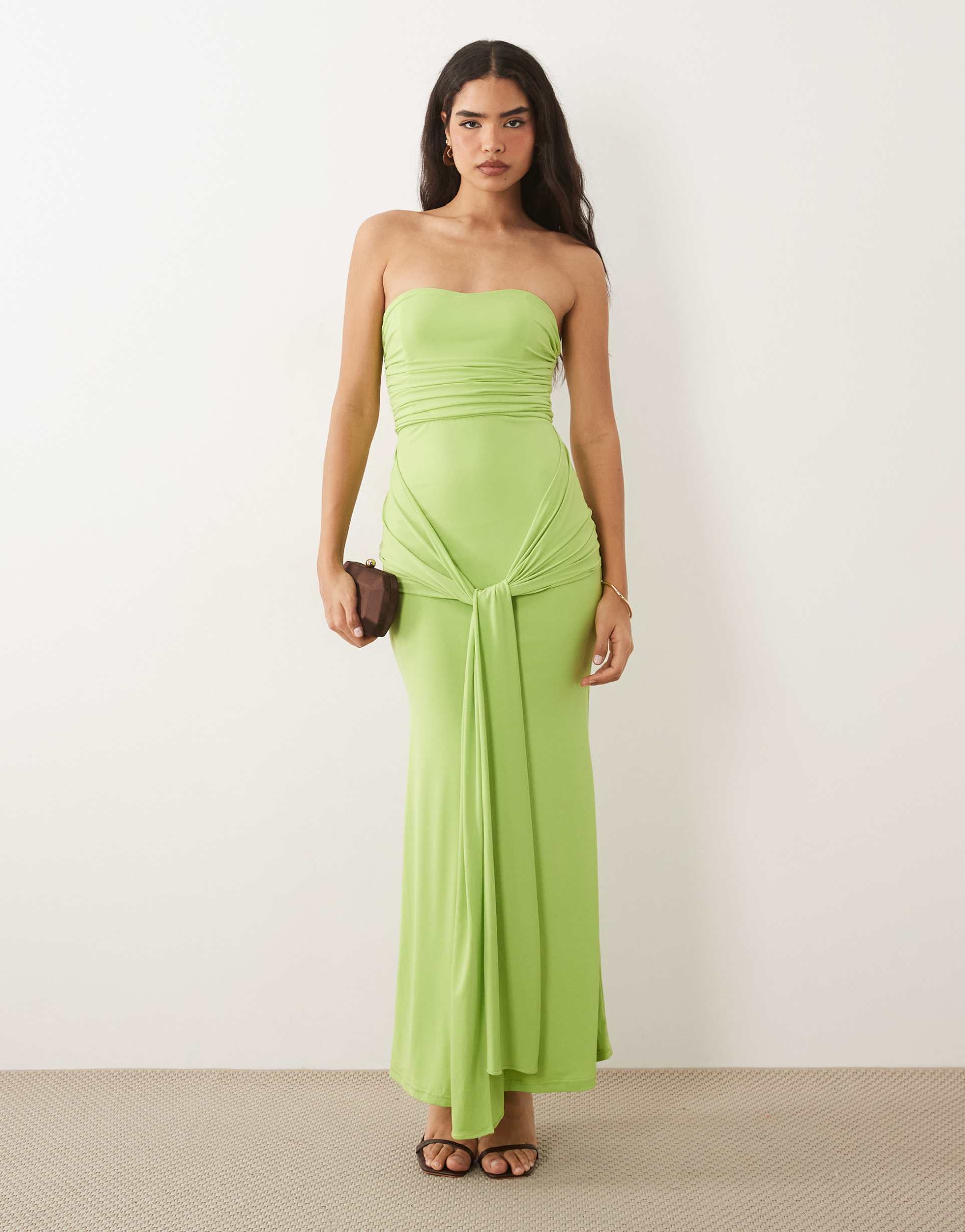 tfnc slinky bandeau ruched knot front maxi dress in lime