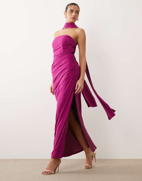 TFNC slinky bandeau ruched maxi dress with scarf in fuchsia - view 1