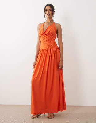 Tfnc Slinky Cami Halter Full Skirt Maxi Dress In Orange