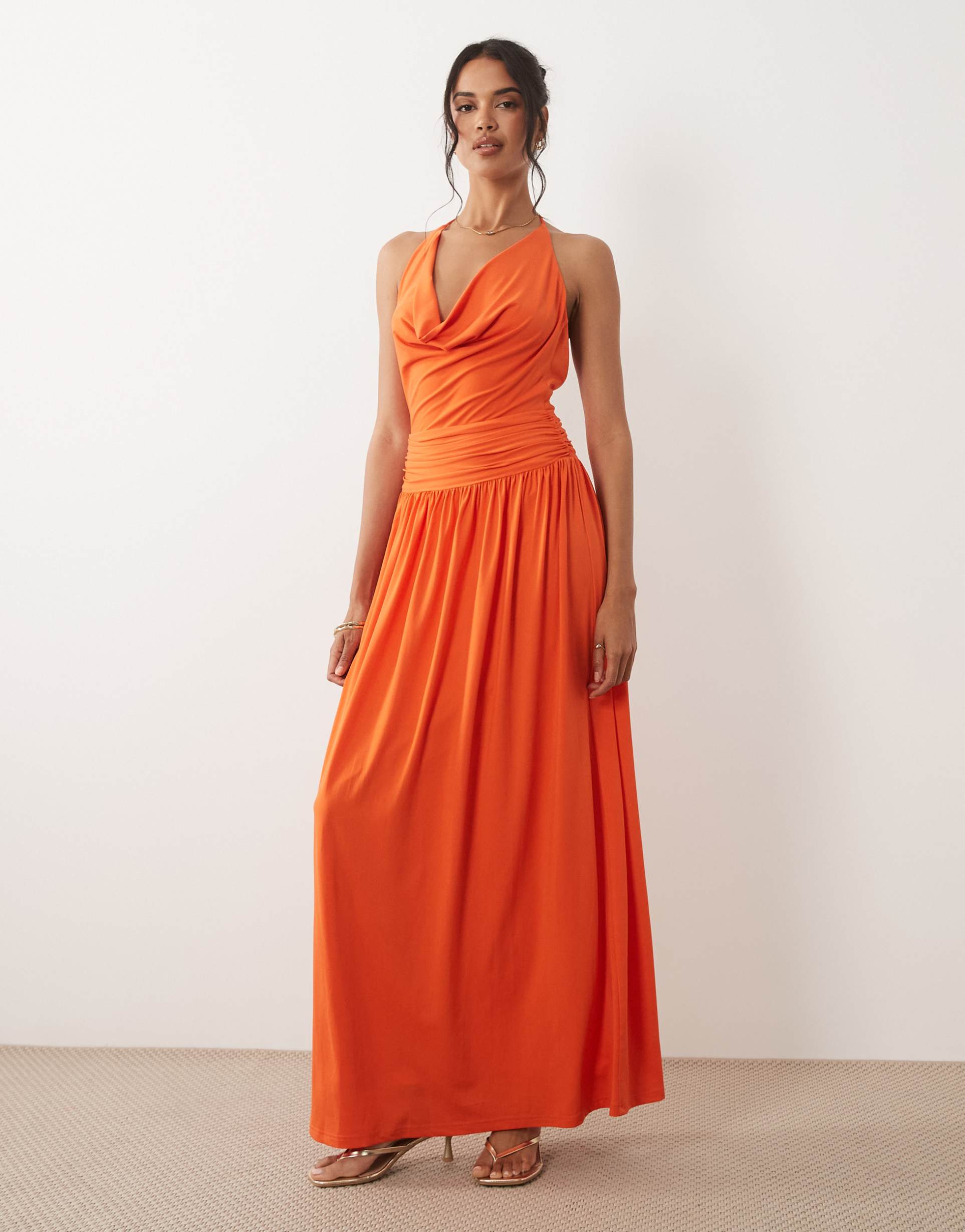 tfnc slinky cami halter full skirt maxi dress in orange