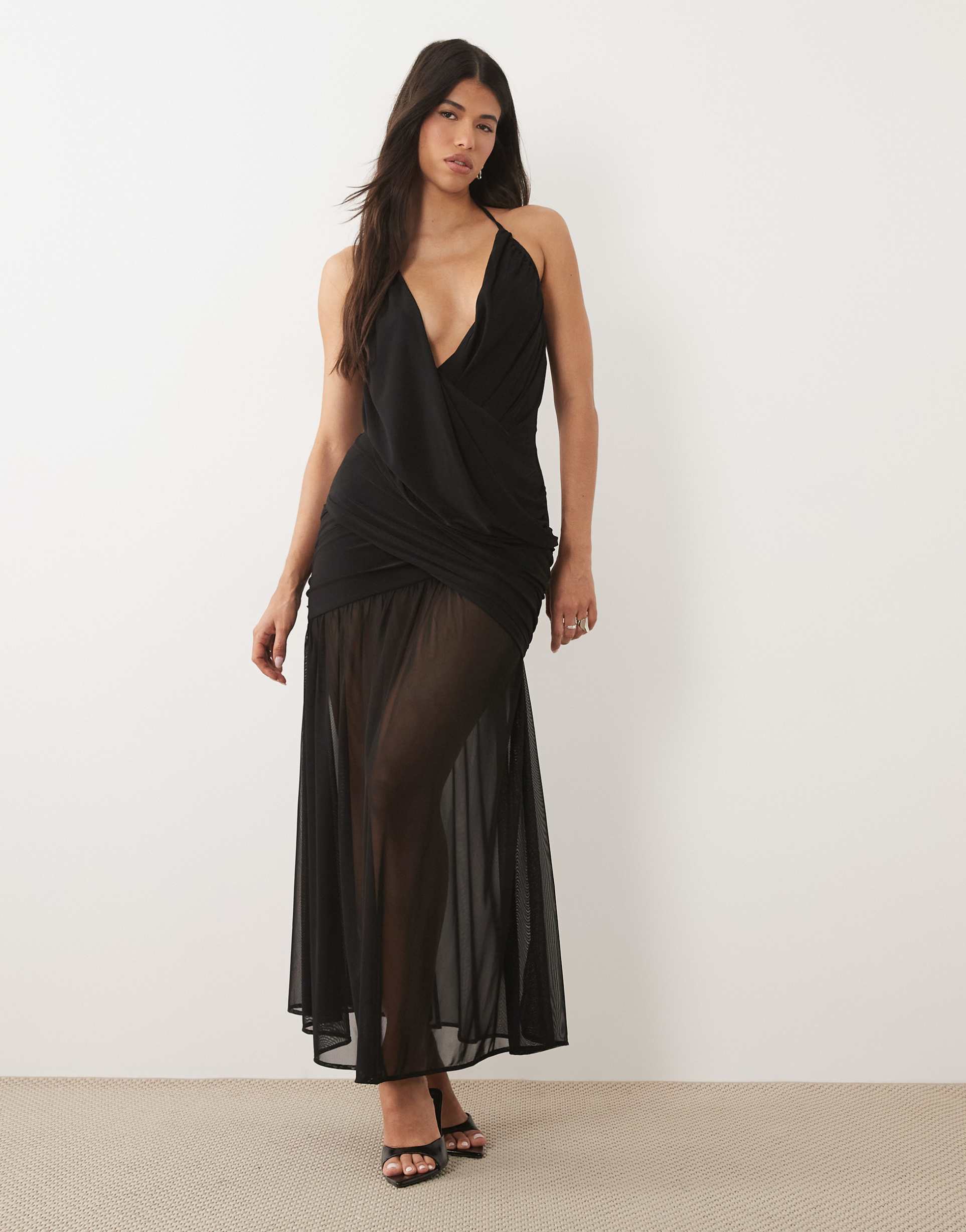 tfnc slinky cami halter neck full skirted midaxi dress in black