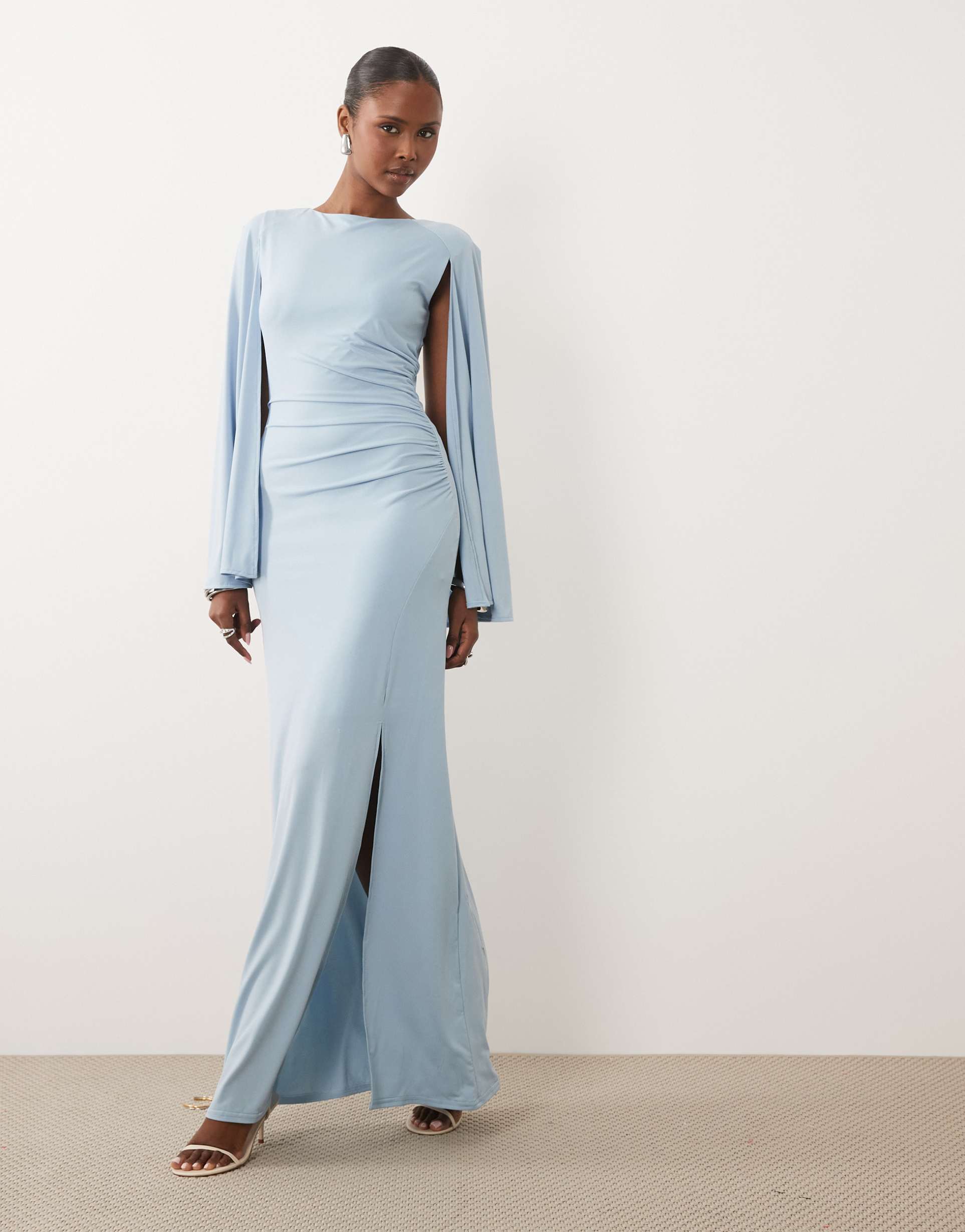 tfnc slinky cape sleeve ruched side maxi dress in light blue
