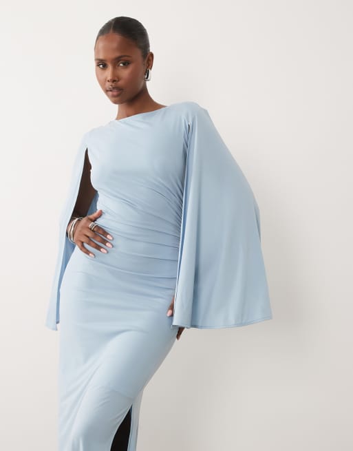 TFNC slinky cape sleeve ruched side maxi dress in light blue, 4 of 4
