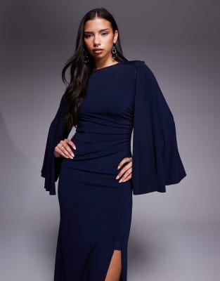 Tfnc Slinky Cape Sleeve Ruched Side Maxi Dress In Blue