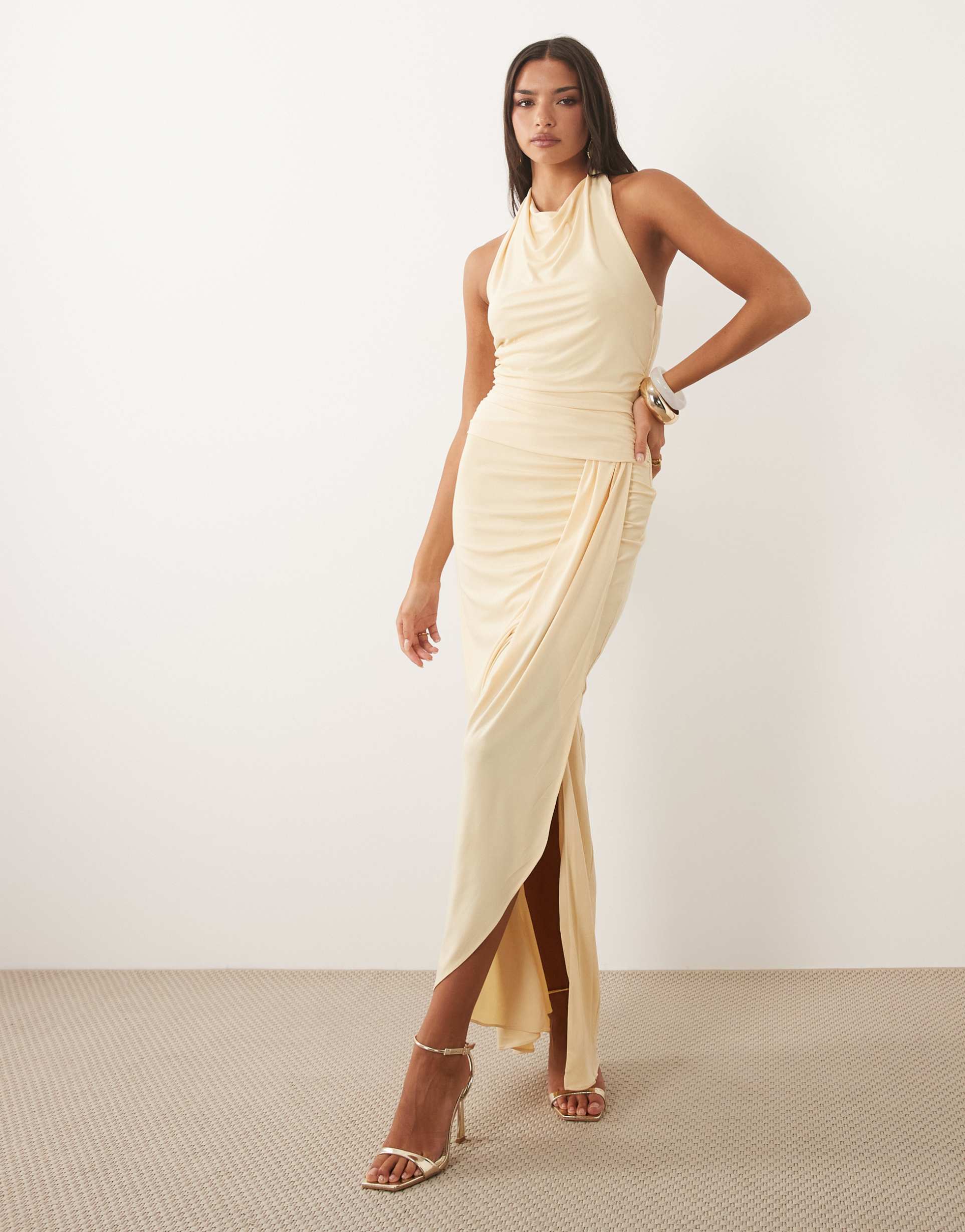 tfnc slinky cowl neck ruched backless ruched detail maxi dress in cream