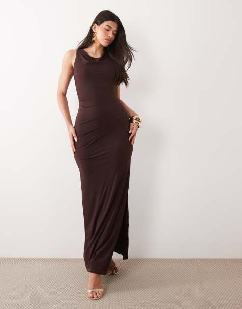 TFNC slinky cowl neck thigh split maxi dress in chocolate - view 1