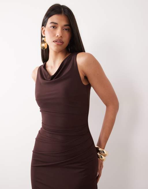 TFNC slinky cowl neck thigh split maxi dress in chocolate, 2 of 4