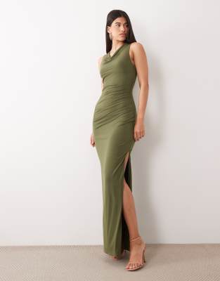 Tfnc Slinky Cowl Neck Thigh Split Maxi Dress In Green