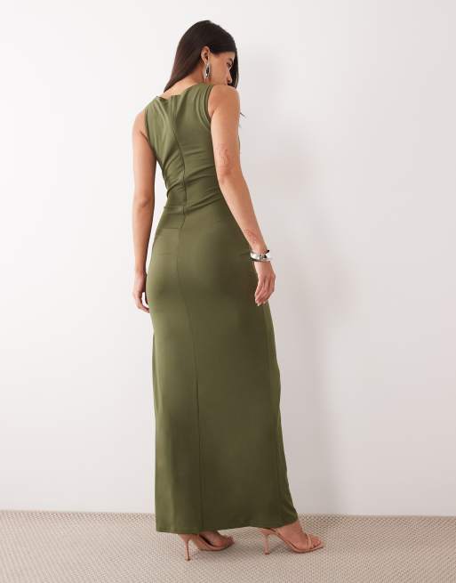 TFNC slinky cowl neck thigh split maxi dress in olive, 3 of 4