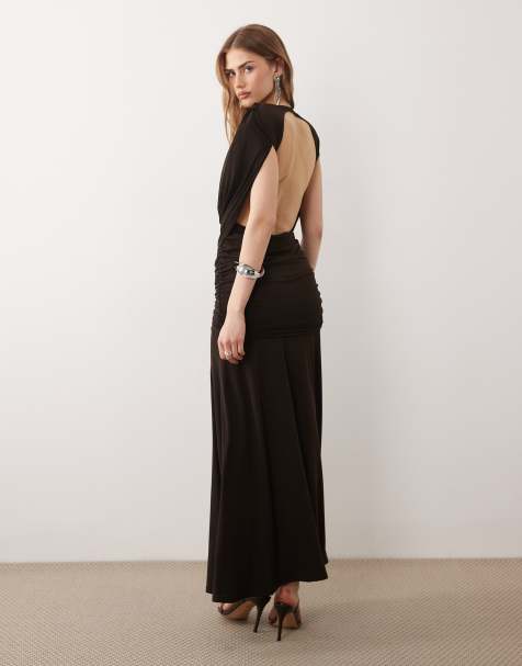 TFNC slinky draped cowl neck and back maxi dress in chocolate - view 1