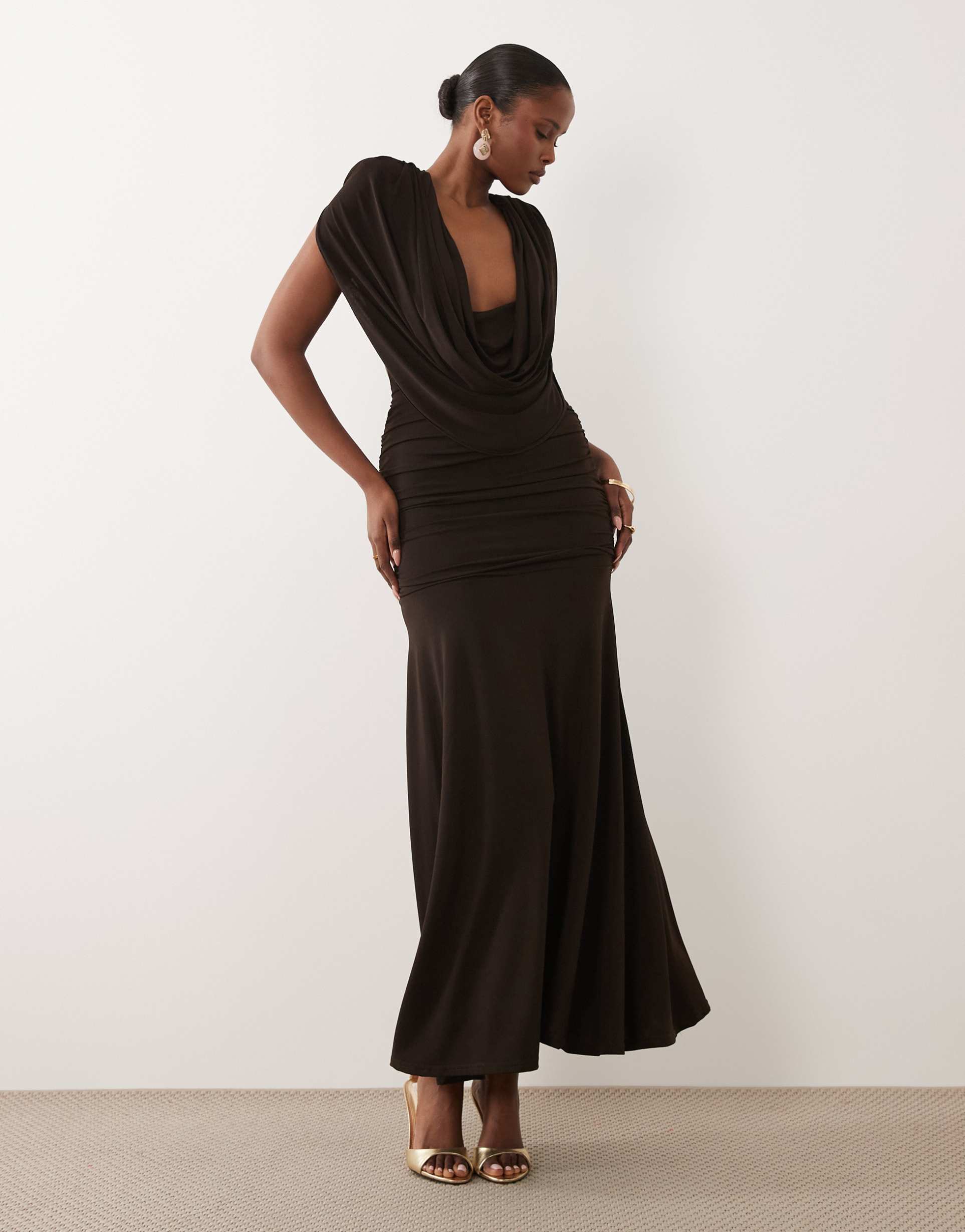 tfnc slinky draped cowl neck and back maxi dress in chocolate