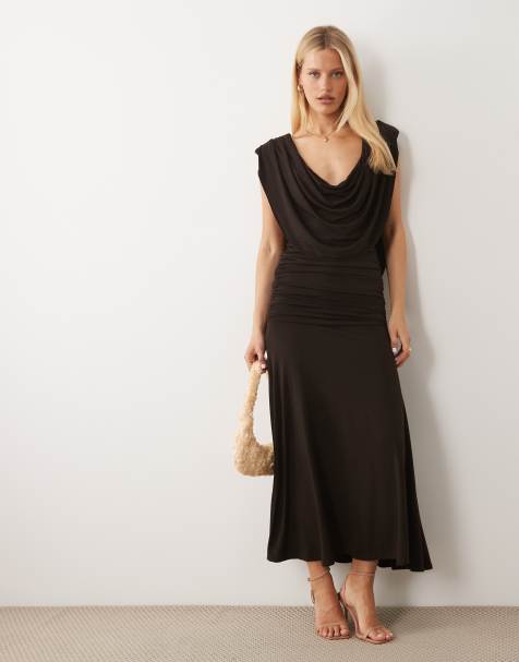 TFNC slinky draped cowl neck and back maxi dress in chocolate
