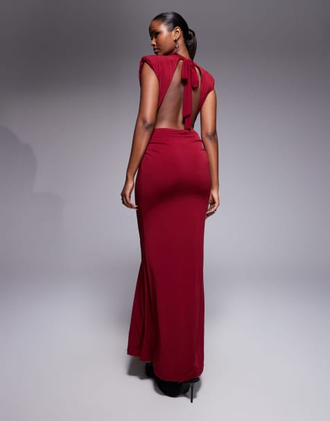TFNC slinky draped high neck shoulder pad open back maxi dress in burgundy - view 1