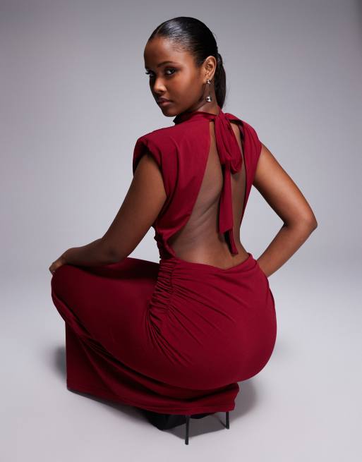 TFNC slinky draped high neck shoulder pad open back maxi dress in burgundy, 2 of 4