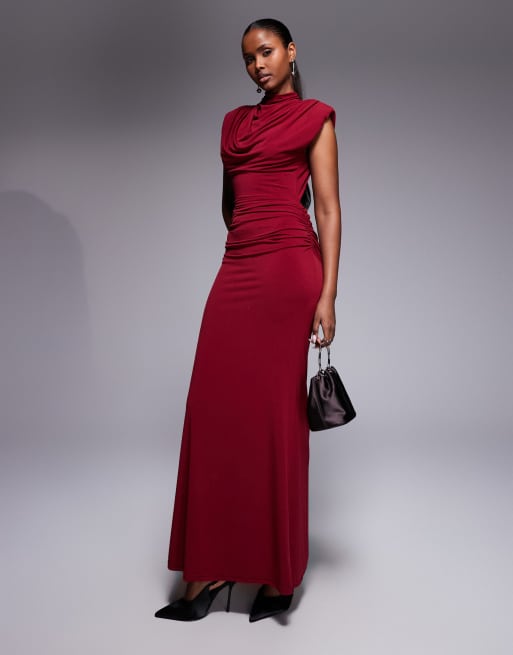 TFNC slinky draped high neck shoulder pad open back maxi dress in burgundy, 4 of 4