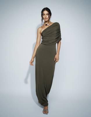 Tfnc Slinky Draped One Shoulder Maxi Dress In Green