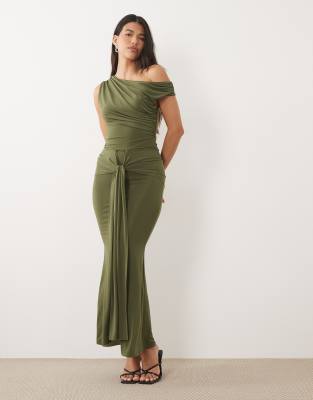 Tfnc Slinky Draped One Shoulder Maxi Dress In Green