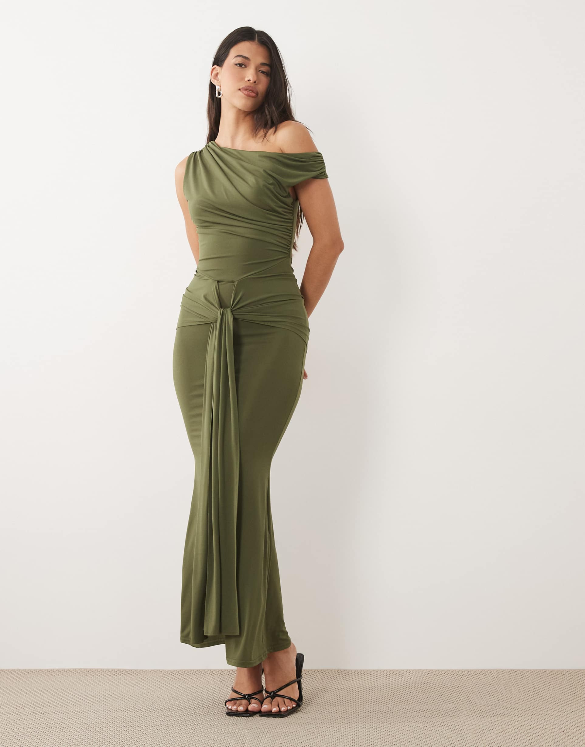 tfnc slinky draped one-shoulder maxi dress in olive