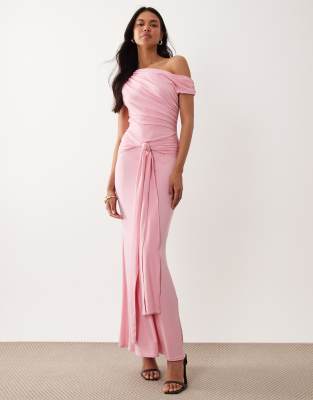 Tfnc Slinky Draped One Shoulder Maxi Dress In Pink