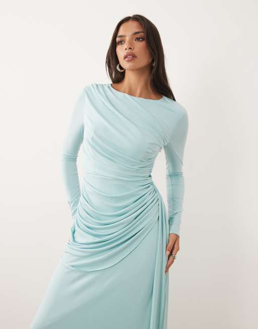TFNC slinky draped ruched full skirt maxi dress in baby blue, 2 of 4
