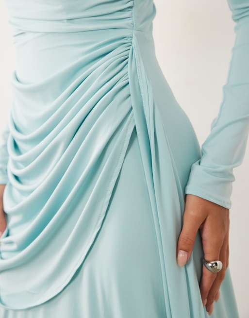 TFNC slinky draped ruched full skirt maxi dress in baby blue, 3 of 4